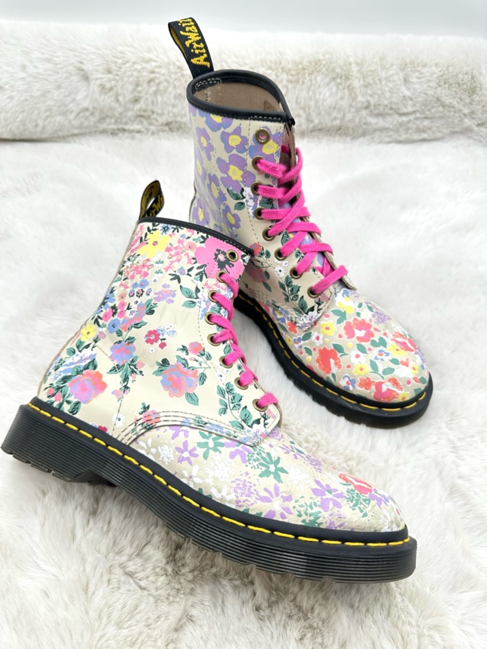 DR MARTENS 1460 Floral Mash Up Backhand Leather Boot in Parchment Beige Womens 7